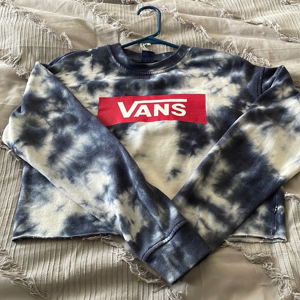 Blue with bleach tie-dye Vans cropped crew neck